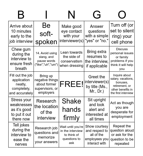 "Do" & "Don't" BINGO Card