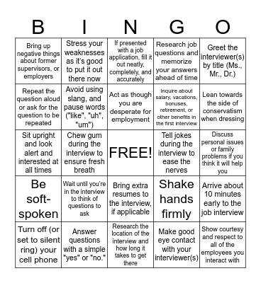"Do" & "Don't" BINGO Card