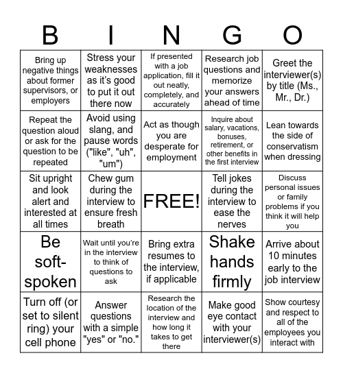 "Do" & "Don't" BINGO Card