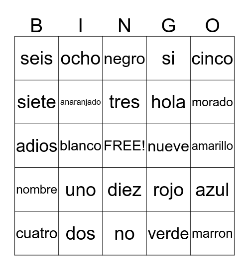 Foreign Language Bingo Card