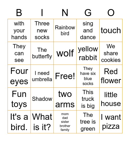 Reading and Words Bingo Card