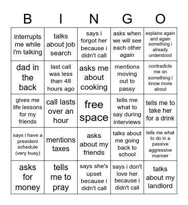 mom call bingo Card