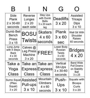 Fitness Bingo Card