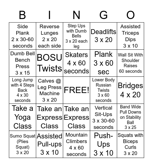 Fitness Bingo Card