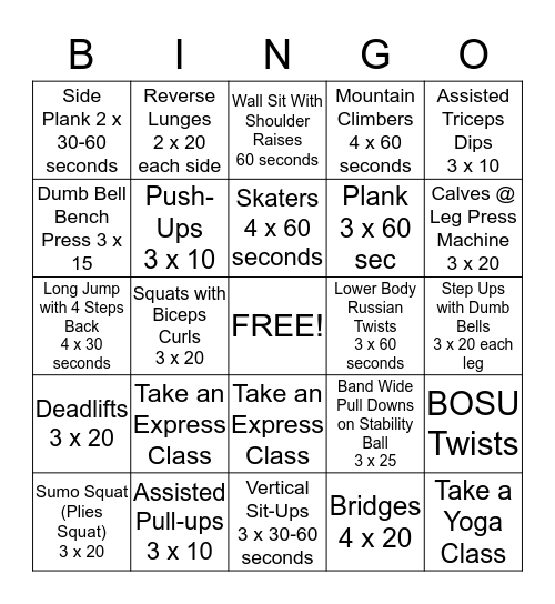 Fitness Bingo Card