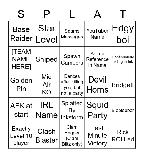 Splatoon 2 Ranked Moments Bingo Card