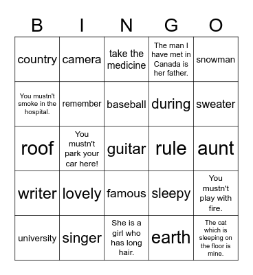 Bingo Unit 7 to Unit 9 Bingo Card