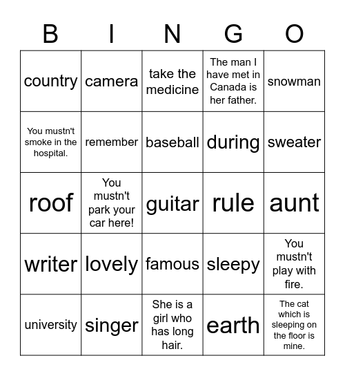 Bingo Unit 7 to Unit 9 Bingo Card