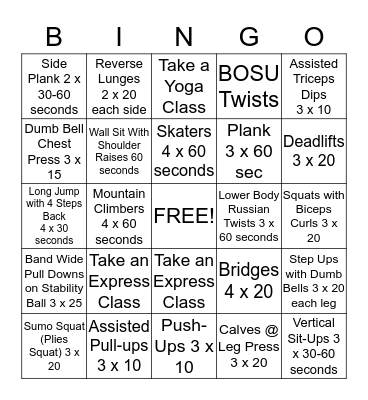 Fitness Bingo Card