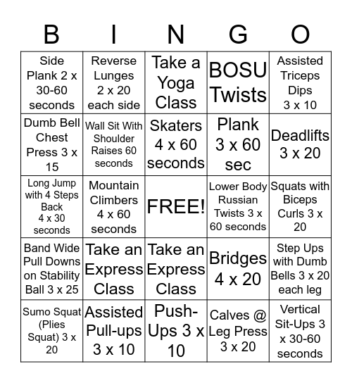 Fitness Bingo Card