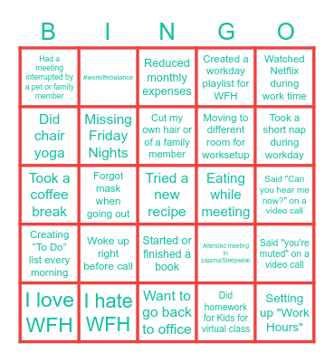 Fun Friday - WFH edition Bingo Card