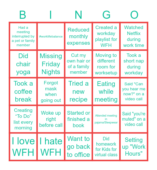 Fun Friday - WFH edition Bingo Card