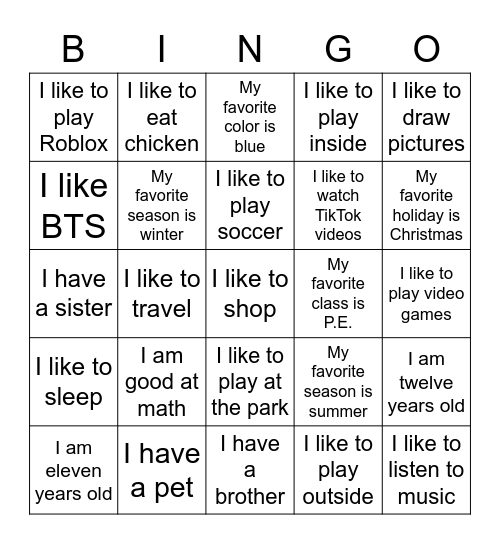 About Me Bingo Card