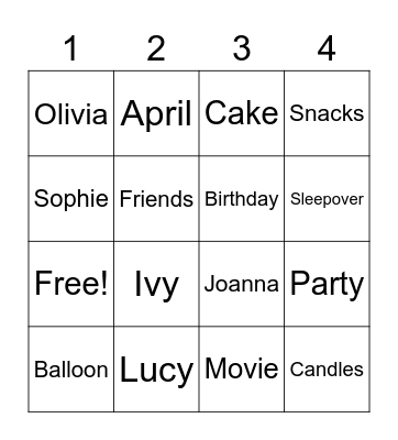 Sophie Bingo Card