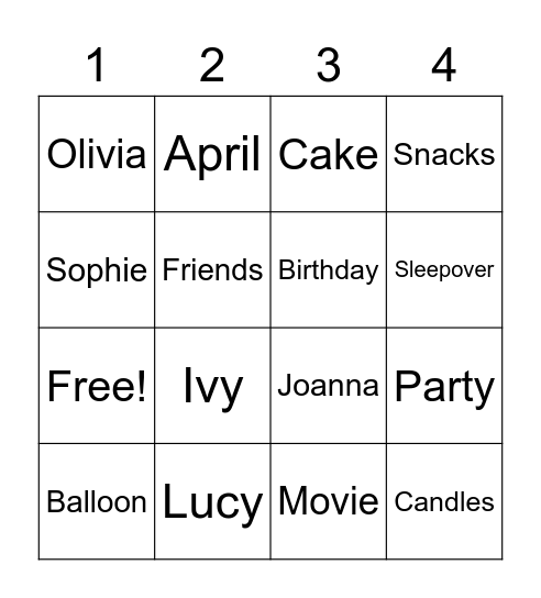 Sophie Bingo Card