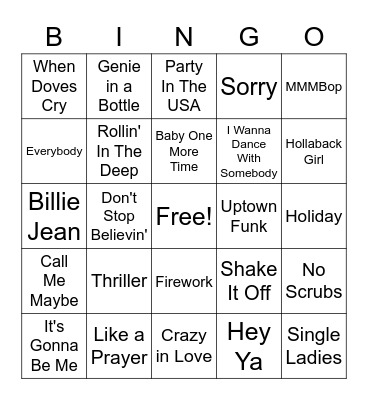 Top Pop Songs of All Time Bingo Card