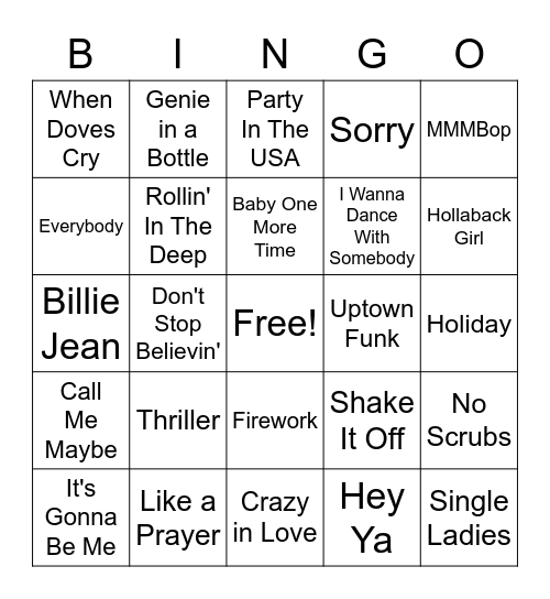 Top Pop Songs of All Time Bingo Card