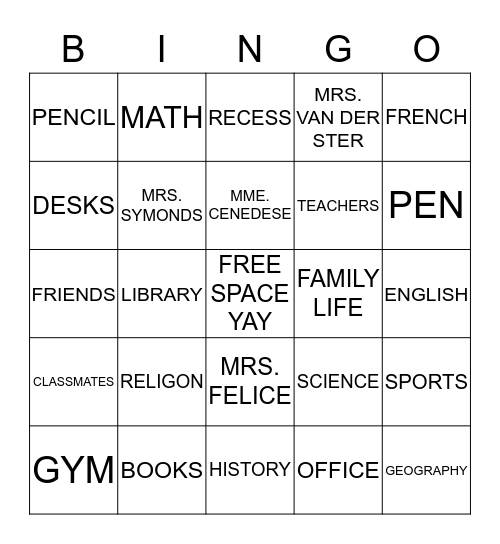 SCHOOL Bingo Card