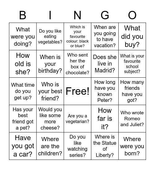 QUESTIONS  Bingo Card