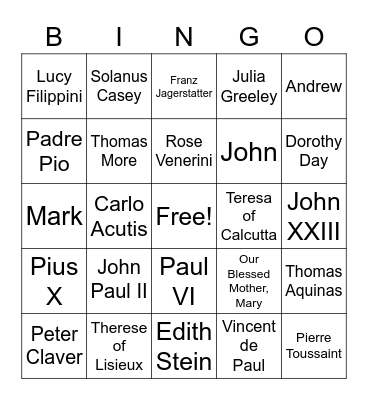 Saints and Other Holy People Bingo Card