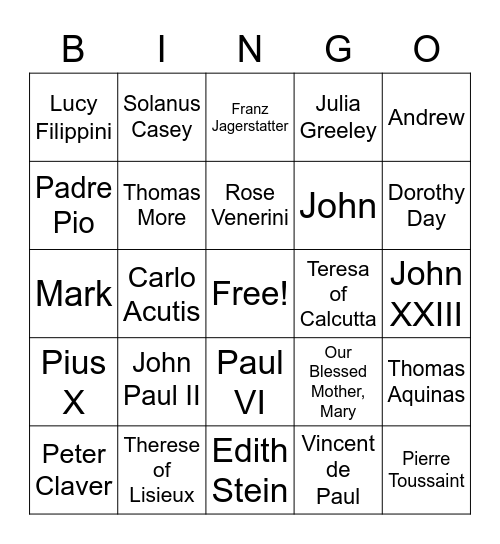 Saints and Other Holy People Bingo Card