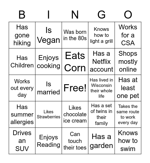 Ice Breaker Bingo Card