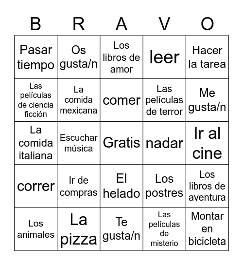 Gustar y las actividades Bingo Card