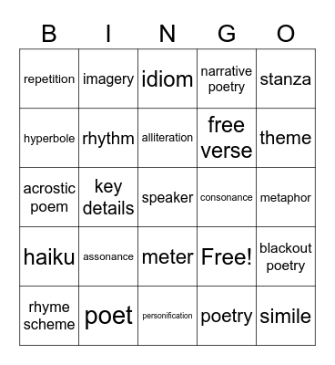 Poetry Bingo Card