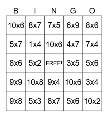 Multiplication Bingo Card