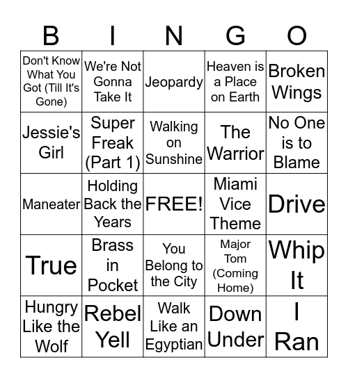 Totally Tubular 80's!!! Bingo Card
