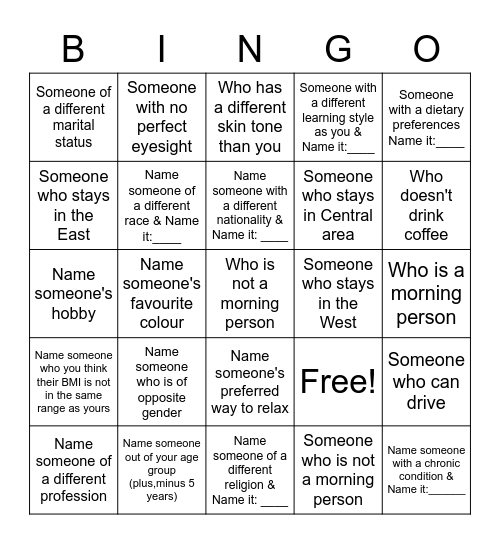 Respect for Diversity Bingo Card