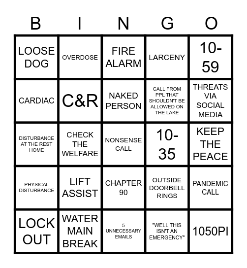 911 DISPATCHER Bingo Card
