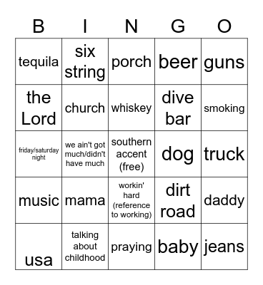 Country Music Bingo Card