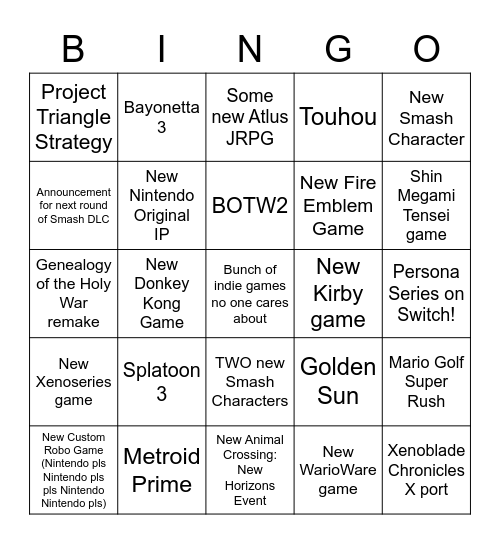 E3 2021 Nintendo Direct Bingo Card