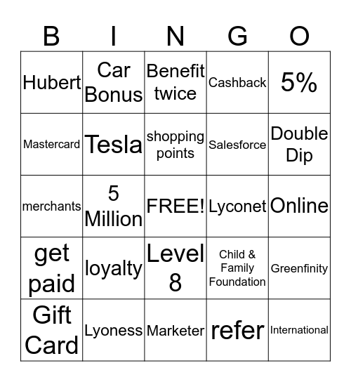 CASHBACK Bingo Card