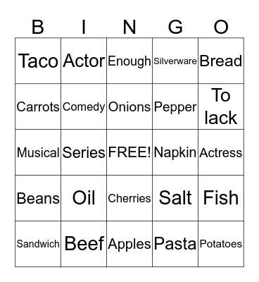 English side Bingo Card