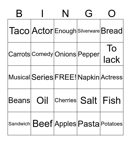 English side Bingo Card