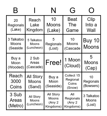 Super Mario Odyssey Challenges Bingo Card