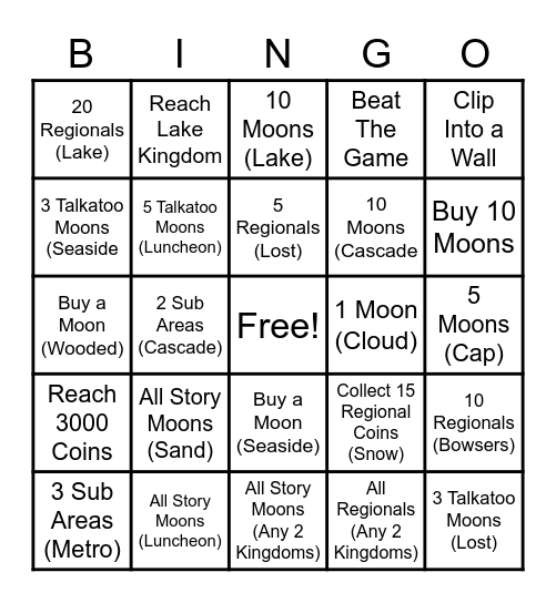Super Mario Odyssey Challenges Bingo Card
