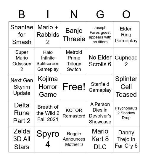 E3 2021 Bingo Card