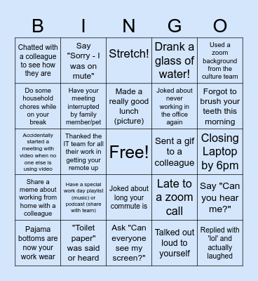 Remote Work Bingo Card