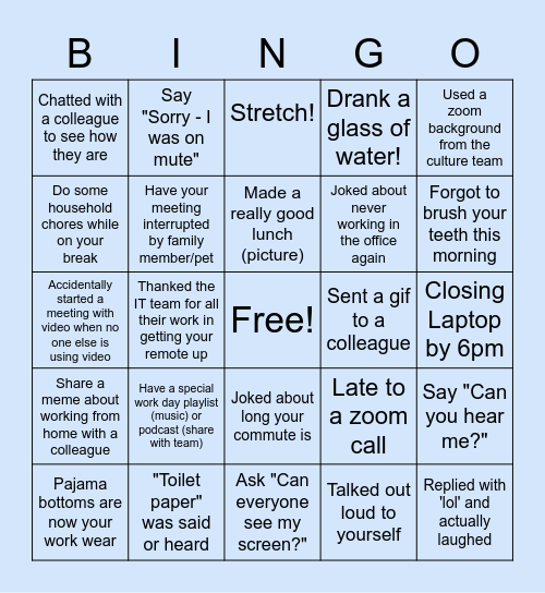 Remote Work Bingo Card