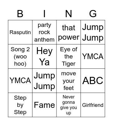 Just Dance Bingo Card