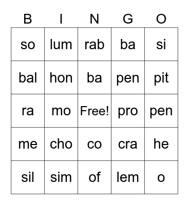 Open/Closed Syllables Bingo Card