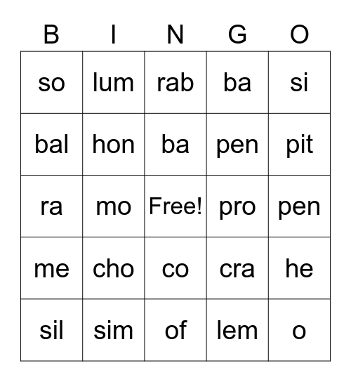 Open/Closed Syllables Bingo Card