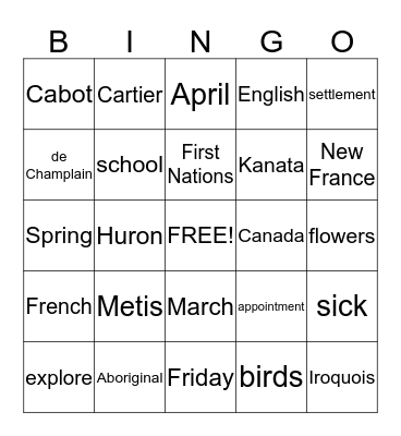 This week's vocabulary Bingo Card