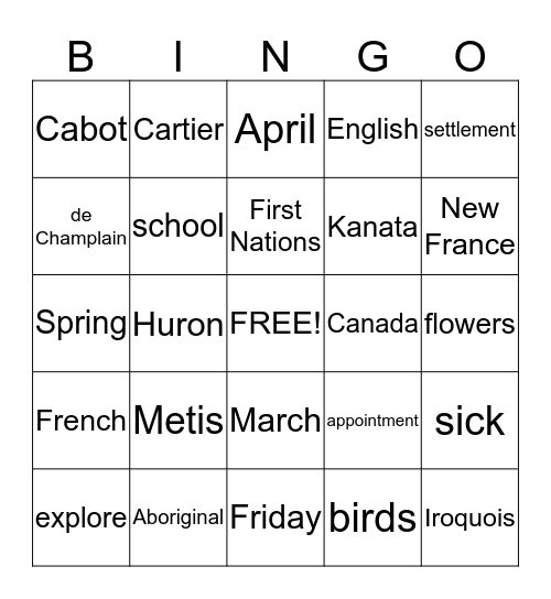 This week's vocabulary Bingo Card