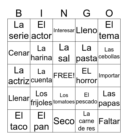 Spanish Side Bingo Card