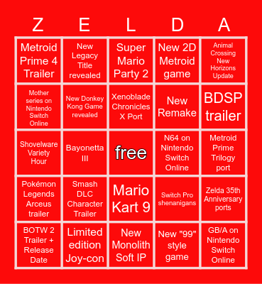 Nintendo E3 Bingo Card