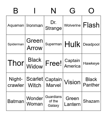 Superhero Bingo Card